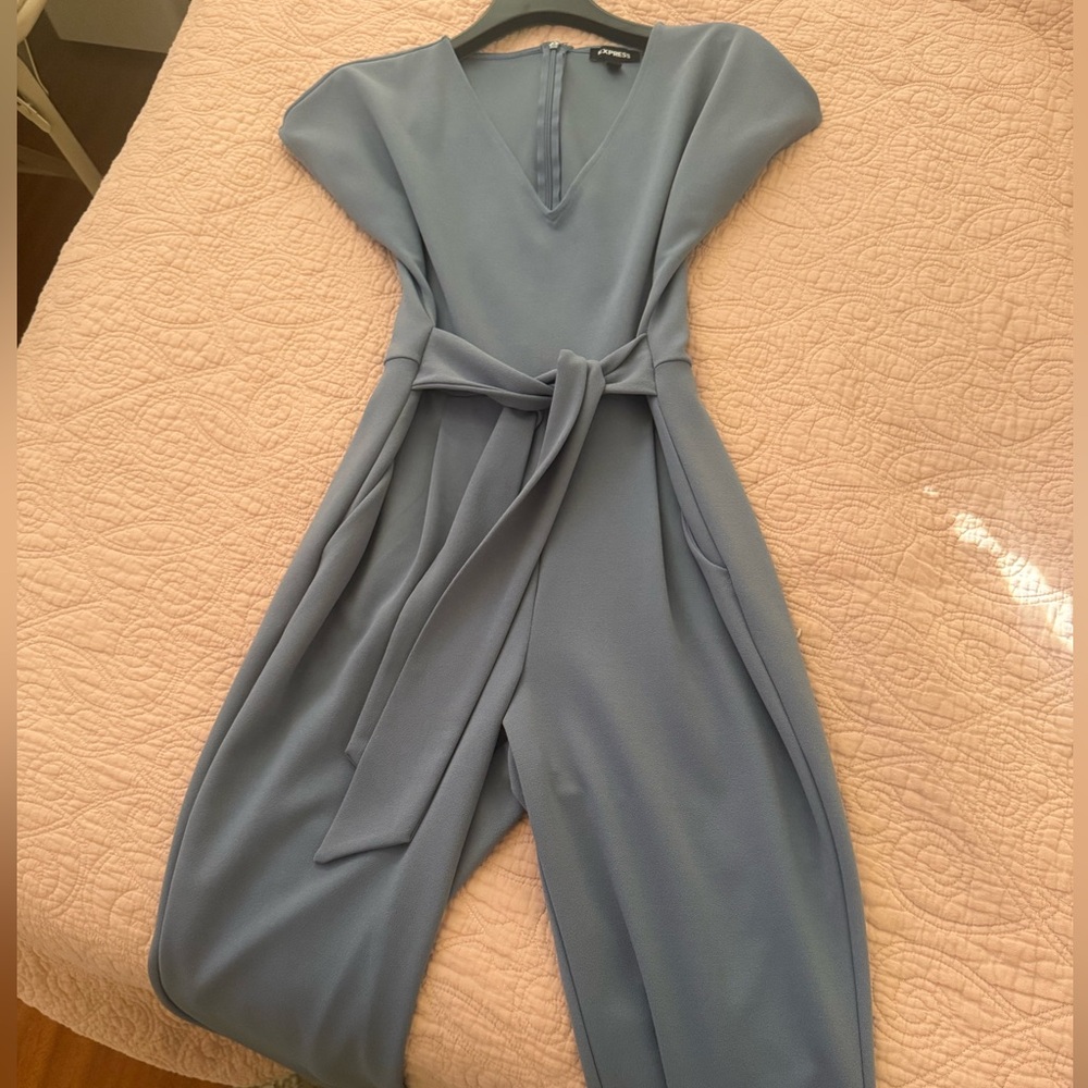 Express Light Blue V-Neck Tie-Waist Jumpsuit - Picture 3 of 5